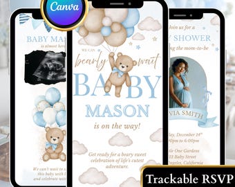 Blue Bear Baby Shower Website Invitation Template: Editable Canva Design (Digital Download)