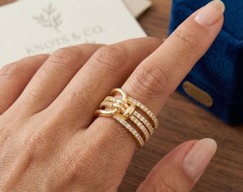 Anillo llamativo de oro de 18 quilates con nudo, anillo entrelazado de varias bandas con circonitas cúbicas pavé, anillo apilable grueso de capas con efecto ilusión, anillo ancho y llamativo, regalo para ella.