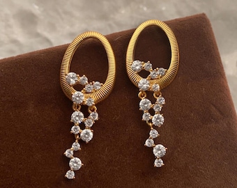 Pendientes colgantes de circonita cúbica estilo Art Déco vintage, elegantes pendientes de cristal para novias, joyería nupcial única de cobre, regalo de aniversario para ella.