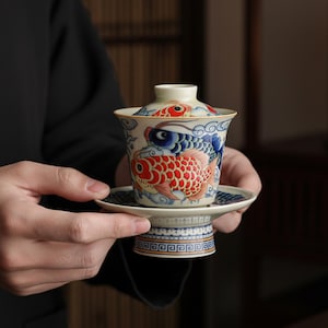 May include: A ceramic gaiwan tea set featuring a lidded bowl and a matching saucer. The exterior is decorated with vibrant red and blue koi fish motifs swimming amidst stylized clouds, finished with a geometric blue and white border pattern.