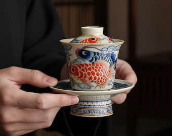 Handpainted Porcelain Chinese Gaiwan Tea Cup Blue Retro Teaware Set Koi Fish Gift