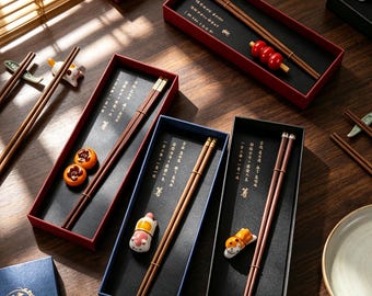 Handcrafted Wooden Chopsticks Box Set,Ceramic Rest, Chinese Tableware,Asian Dining Decor,Housewarming Gift for Family & Friends