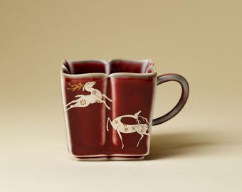 Taza cuadrada de cerámica roja pintada a mano, con reno blanco, taza de café de la maestría