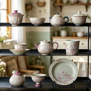May include: A collection of ceramic tea ware featuring embossed pink floral patterns and small cat figures. The set includes various teapots, lidded bowls, cups, and a plate, all displayed on a black metal shelf with a consistent light-toned finish.