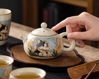 Juego de té chino con diseño de gato pintado a mano, juego de té de cerámica Gongfu para amantes de los gatos