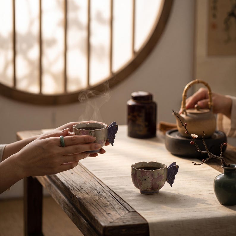 May include: Two ceramic teacups with butterfly handles, one held by a person. The cups are gray with pink floral designs. A teapot, a jar, and a small vase are also on the wooden table. Steam rises from the cup.