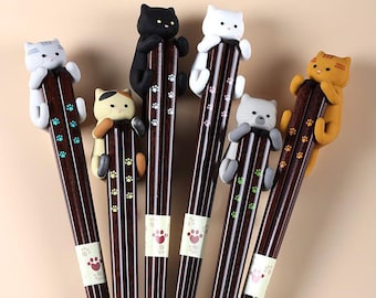 3D Cat Wood Chopsticks Cute Japanese Animal Tableware Kitten Housewarming Lover Gift