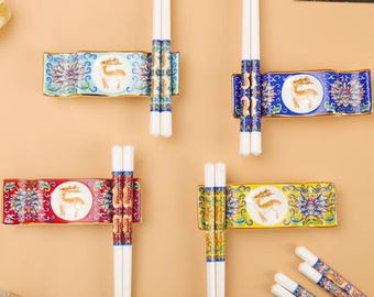 Palillos mandarín, lujoso diseño de dragón de porcelana china con estilo esmaltado, juego de soportes de cerámica para palillos, regalo especial reutilizable.