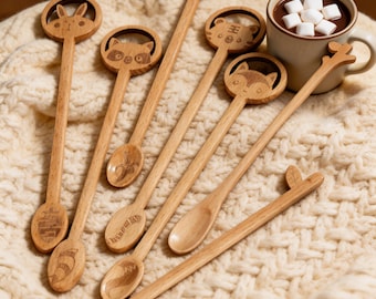 Palitos de madera tallados a mano para remover café: juego de cucharas de café con forma de animales, regalo para inauguración de casa