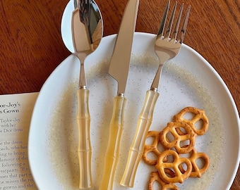 Juego de cubiertos de acero inoxidable con nudo de bambú, regalo de inauguración de la casa.