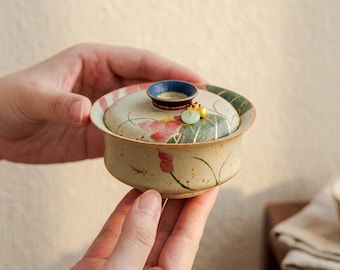 Hand-Painted Ceramic Gaiwan, Lotus Koi Pattern, Chinese Gongfu Tea Cup (150ml)
