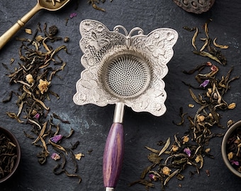 Colador de té de plata con forma de mariposa, infusor de malla fina, mango de madera, regalo de lujo para inauguración de casa.