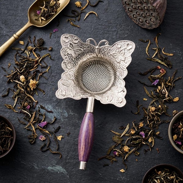 Silver Butterfly Tea Strainer Fine Mesh Infuser Wooden Handle Luxury Housewarming Gift