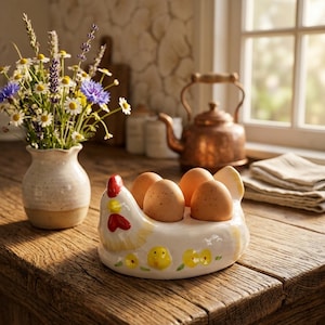 Op de afbeelding: Een keramische eierhouder in de vorm van een kip, met zes bruine eieren. De houder is wit met rode, gele en zwarte accenten. Links staat een kleine vaas met wilde bloemen. Op de achtergrond staat een koperen ketel.