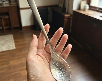 Handcrafted Chinese Soup Spoon Peony Engraved Vintage Stainless Steel Tableware Artisan Housewarming Gift