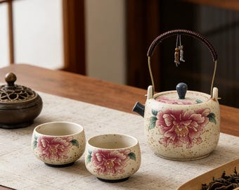 Juego de té de porcelana con peonías pintadas a mano, caja de regalo artesanal para ceremonia de kung fu.