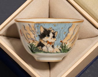 Gaiwan de cerámica con forma de gato pintado a mano: un cuenco de té de kung fu coleccionable para amantes de los gatos
