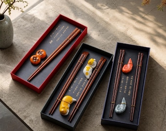 Wooden Chopsticks Gift Set, Handmade Ceramic Rest, Housewarming Gift