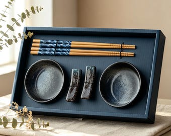 Handcrafted Japanese Wooden Chopsticks Wabi Sabi Ceramic Sauce Bowls Rests Gift Set,Housewarming Wedding Gift