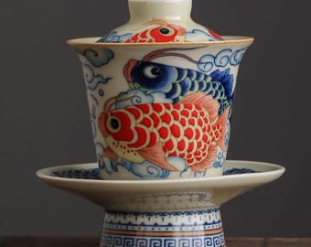 Taza de té Koi Gaiwan azul y blanca, juego de té chino Gongfu