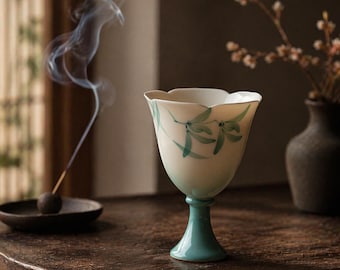 Handmade Ceramic Tea Cup Flower Porcelain Sake Goblet Elegant Footed Pottery Gift