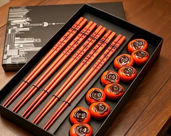 Luxury Wooden Chopsticks Set Ceramic Rests Handmade Asian Tableware Unique Housewarming Gift Box