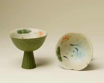 Taza de té de porcelana con forma de pez de loto pintada a mano, cuenco de gongfu con forma de hoja de loto verde