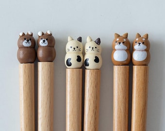 Palillos de animales de dibujos animados en 3D, diseño de lindo gato Shiba Inu, madera maciza natural, regalo adorable para niños.