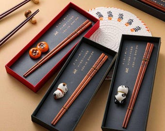 Chinese Wooden Chopsticks Set with Ceramic Rest, Housewarming Gift