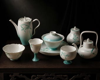 Hand-Painted Orchid Ceramic Tea Set, Teapot Teacups & Gaiwan, Collectible Gongfu Tea Ware, Unique Host Gift