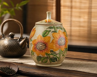 Ceramic Tea Canister Airtight Handpainted Botanical Stoneware Food Crock Housewarming Gift Jar