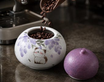 Cute Cat Ceramic Tea Canister Handpainted Wisteria Airtight Loose Leaf Storage Jar Gift