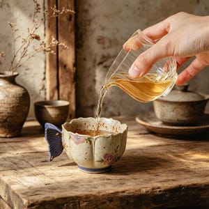 May include: A ceramic teacup with a butterfly wing handle is filled with tea from a glass pitcher. The cup has a floral design with purple accents. The scene is set on a rustic wooden table.