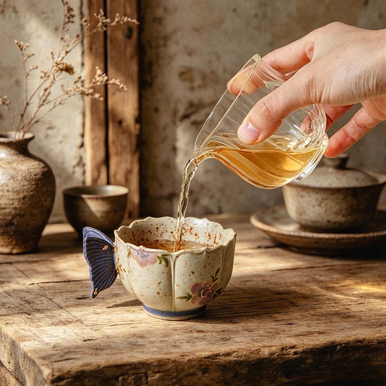May include: A ceramic teacup with a butterfly wing handle is filled with tea from a glass pitcher. The cup has a floral design with purple accents. The scene is set on a rustic wooden table.