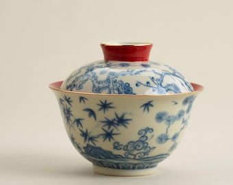 Taza de té Gaiwan de porcelana pintada a mano, azul y blanca, con detalles dorados