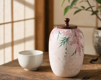 Hand-Painted Wisteria Ceramic Tea Caddy,with Wooden Lid,Airtight Botanical Loose Leaf Canister (Gift Box),Housewarming Gft for Tea Lovers