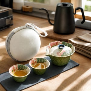 Könnte beinhalten: Ein Keramik-Teeservice mit einer Gaiwan-Schale mit Deckel und zwei kleinen Tassen, verziert mit einem grünen und rosafarbenen Lotusblattmuster. Das Set enthält ein rundes, weißes Etui mit Reißverschluss, das neben dem Geschirr steht.