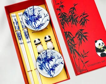 Juego de palillos de porcelana azul y blanca, con diseño de panda, regalo personalizado