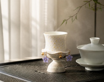 Handmade Floral Ceramic Stem Teacup,Cute Bell Charm Sake Fairycore Goblet,Aesthetic Tableware Gift for Her