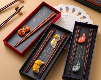 Juego de regalo de palillos de madera, soporte de cerámica hecho a mano, regalo de inauguración de la casa
