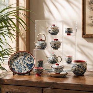 Op de afbeelding: Een keramische theeset met een blauw-wit bloemmotief en rode accenten op de randen en deksels. De collectie bevat een groot bord, een theepot met een gebogen handvat, kommen met deksels en kleine kopjes, uitgestald op een doorzichtige standaard.
