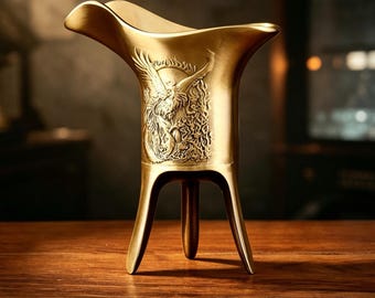 Ancient Jue Cup Chinese Ritual Vessel Brass Dragon Phoenix Tripod Chalice Housewarming Gift