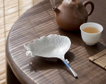 Silver Ginkgo Leaf Tea Strainer Dragonfly Handmade Metal Gongfu Infuser Nature Tea Lover Gift