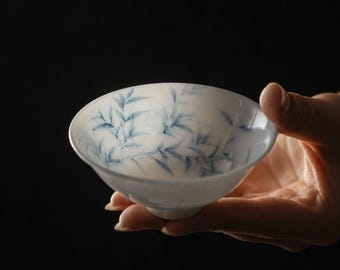 Hand Painted Bamboo Porcelain Teacup Translucent Ceramic Gongfu Zen Tasting Bowl Asian Gift