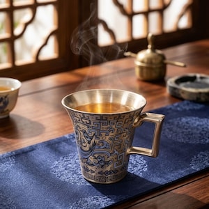 Könnte beinhalten: Ein metallischer Becher mit ausgestelltem Rand und quadratischem Henkel, verziert mit einem blau-goldenen geometrischen Muster und stilisierten Vogelmotiven. Der Becher ist mit einer heißen Flüssigkeit gefüllt, aus der deutlich Dampf aufsteigt.
