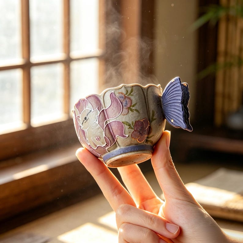 May include: A ceramic teacup with a butterfly wing handle. The cup is decorated with purple and white floral designs and a fox-like creature. Steam rises from the cup, suggesting a warm beverage. The cup is held in a person's hand.