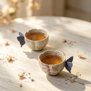 May include: Two ceramic teacups with butterfly handles, filled with tea. The cups have a floral design in purple and pink, with a blue butterfly wing handle. The cups are on a light-colored wooden surface.