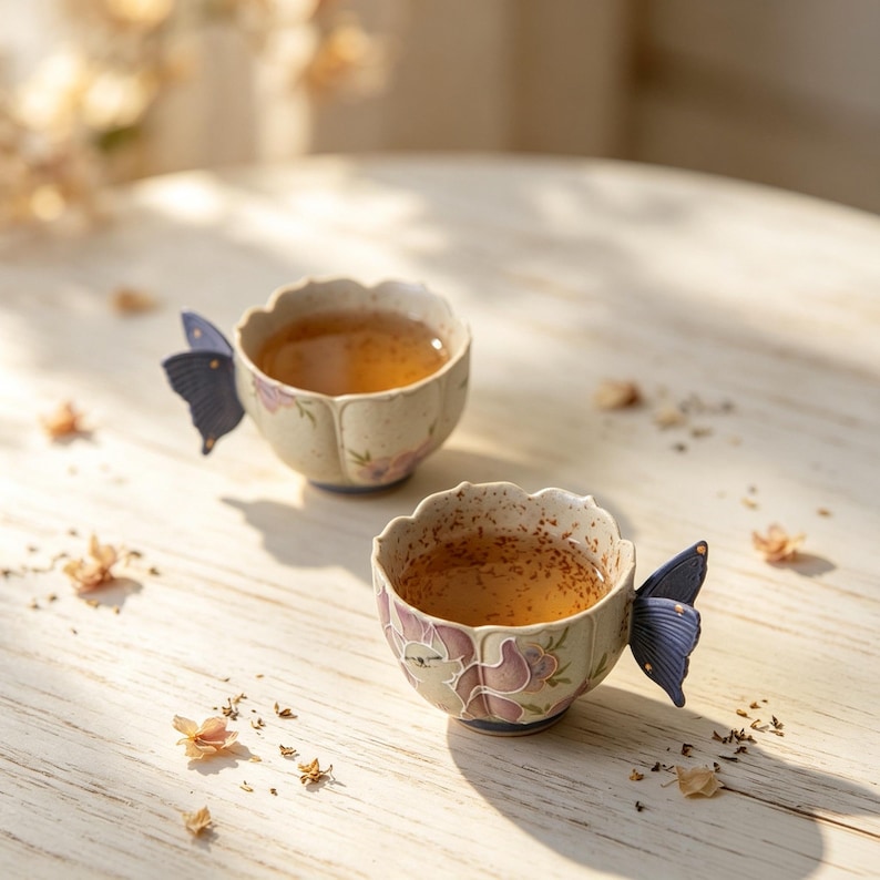 May include: Two ceramic teacups with butterfly handles, filled with tea. The cups have a floral design in purple and pink, with a blue butterfly wing handle. The cups are on a light-colored wooden surface.