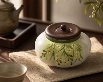 Hand-Painted Ceramic Tea Canister,Daisy Airtight Storage Jar,Wooden Lid Food Safe,Chinese Minimalist Style With Gift Box,Unique Present