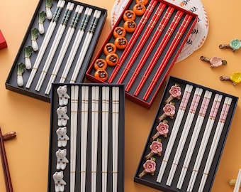 Juego de 5 pares de palillos chinos con soporte de cerámica, práctico regalo en caja, vajilla asiática.